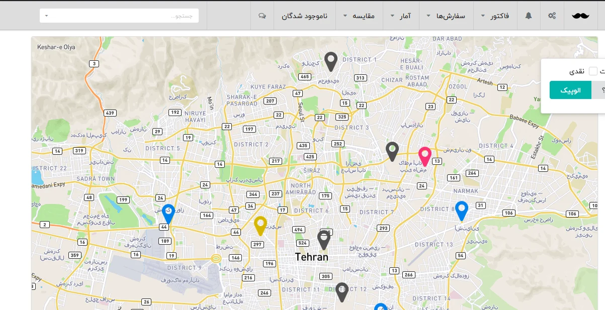 MissLand internal admin, dispatch map of Tehran with delivery pins and a courier handoff control.